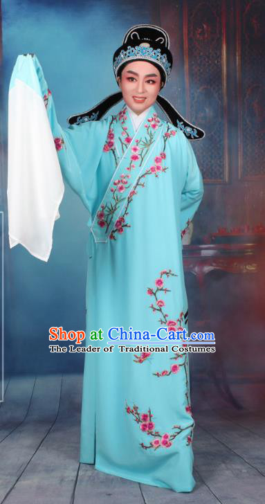 Top Grade Professional Beijing Opera Niche Costume Gifted Scholar Blue Embroidered Robe, Traditional Ancient Chinese Peking Opera Embroidery Wintersweet Clothing