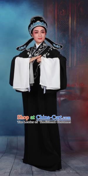 Top Grade Professional Beijing Opera Niche Costume Scholar Black Robe and Hat, Traditional Ancient Chinese Peking Opera Embroidery Clothing