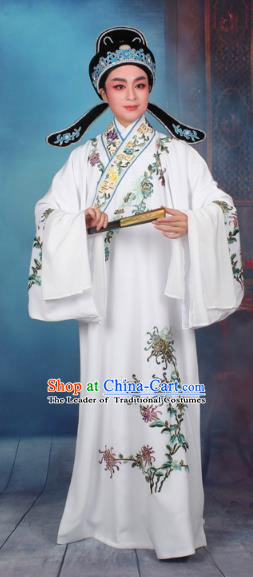 Top Grade Professional Beijing Opera Niche Costume Gifted Scholar White Embroidered Robe, Traditional Ancient Chinese Peking Opera Young Men Embroidery Chrysanthemum Clothing