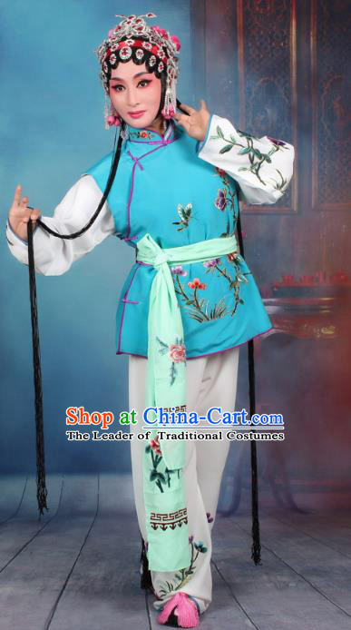 Top Grade Professional Beijing Opera Young Lady Costume Mui Tsai Blue Embroidered Vest Clothing, Traditional Ancient Chinese Peking Opera Maidservants Embroidery Clothing