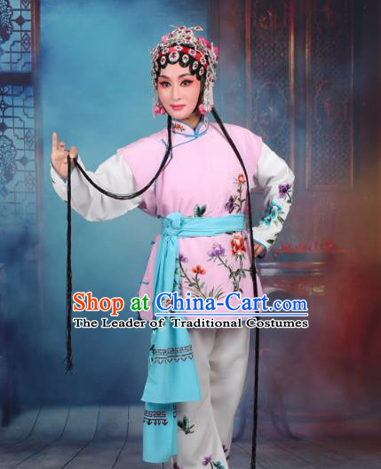 Top Grade Professional Beijing Opera Young Lady Costume Mui Tsai Pink Embroidered Vest Clothing, Traditional Ancient Chinese Peking Opera Maidservants Embroidery Clothing