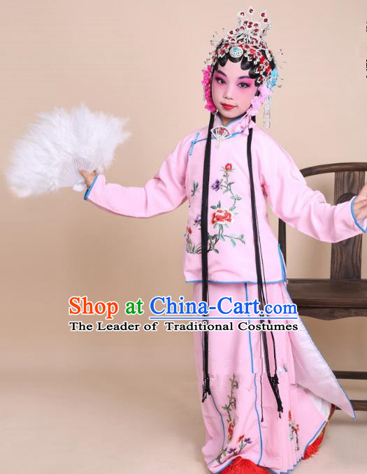 Top Grade Professional Beijing Opera Mui Tsai Costume Pink Embroidered Clothing, Traditional Ancient Chinese Peking Opera Maidservants Embroidery Clothing for Kids