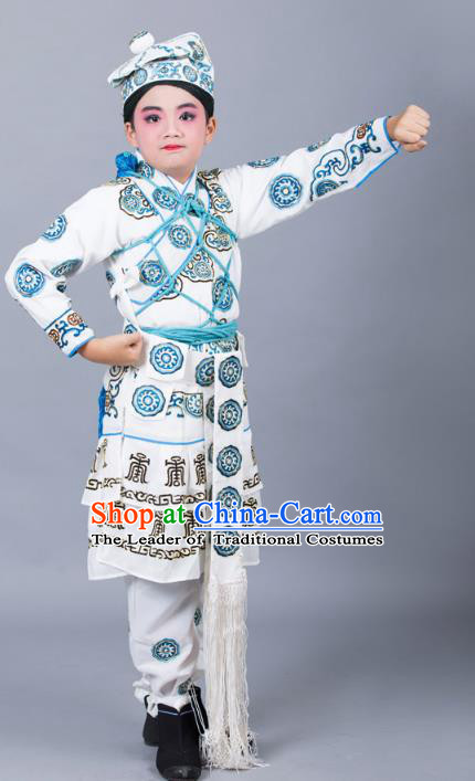 Traditional China Beijing Opera Takefu Costume, Ancient Chinese Peking Opera Wu-Sheng Warrior Embroidery White Clothing
