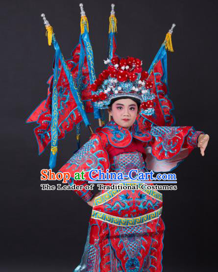 Traditional China Beijing Opera Takefu General Costume and Headwear Complete Set, Ancient Chinese Peking Opera Wu-Sheng Military Officer Embroidery Red Clothing for Kids