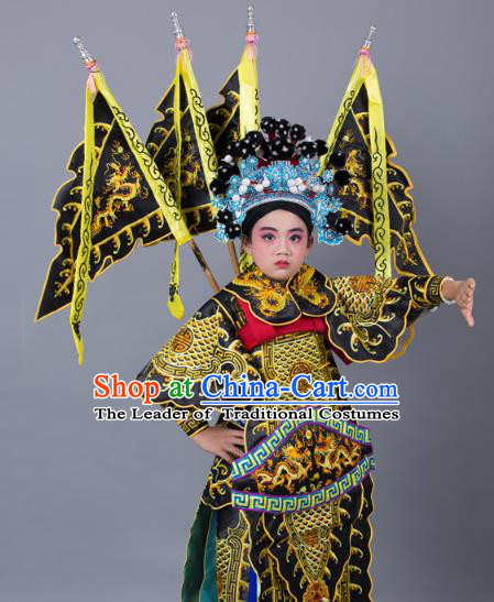 Traditional China Beijing Opera Takefu General Costume and Headwear Complete Set, Ancient Chinese Peking Opera Wu-Sheng Military Officer Embroidery Black Clothing for Kids