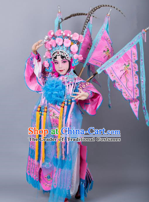 Traditional China Beijing Opera Female General Costume and Headwear Complete Set, Ancient Chinese Peking Opera Swordplay Military Officer Embroidery Pink Clothing for Kids