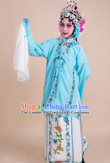 Top Grade Professional China Beijing Opera Costume Blue Embroidered Dress, Ancient Chinese Peking Opera Diva Hua Tan Embroidery Phoenix Clothing for Kids