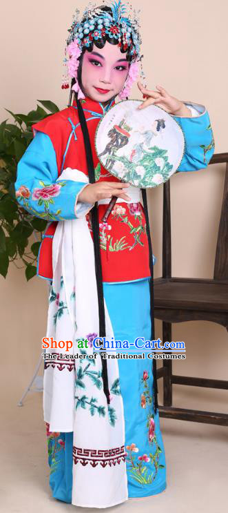 Top Grade Professional China Beijing Opera Costume Maidservants Embroidered Dress, Ancient Chinese Peking Opera Diva Hua Tan Embroidery Clothing for Kids