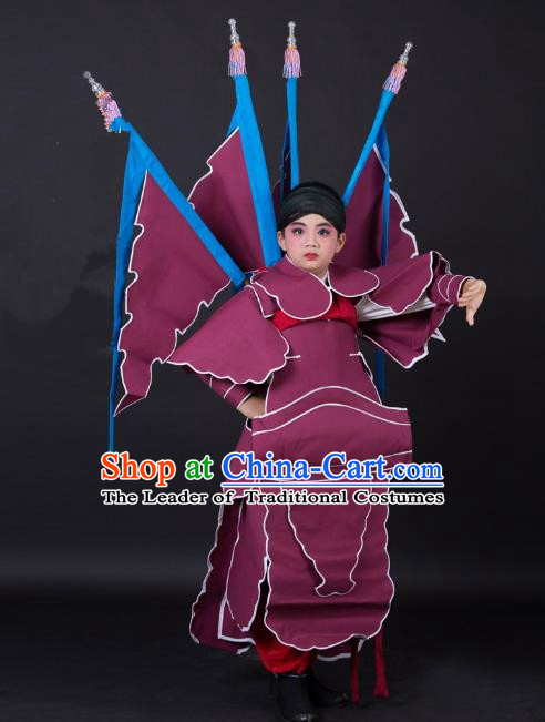 Traditional China Beijing Opera Takefu General Costume and Headwear Complete Set, Ancient Chinese Peking Opera Wu-Sheng Military Officer Clothing for Kids