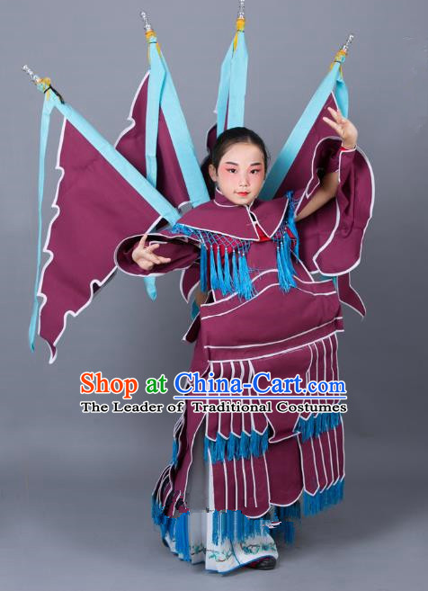 Traditional China Beijing Opera Female General Costume and Headwear Complete Set, Ancient Chinese Peking Opera Swordplay Military Officer Clothing for Kids