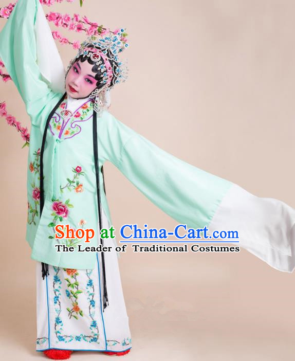 Top Grade Professional China Beijing Opera Costume Green Embroidered Cape, Ancient Chinese Peking Opera Diva Hua Tan Embroidery Dress Clothing for Kids