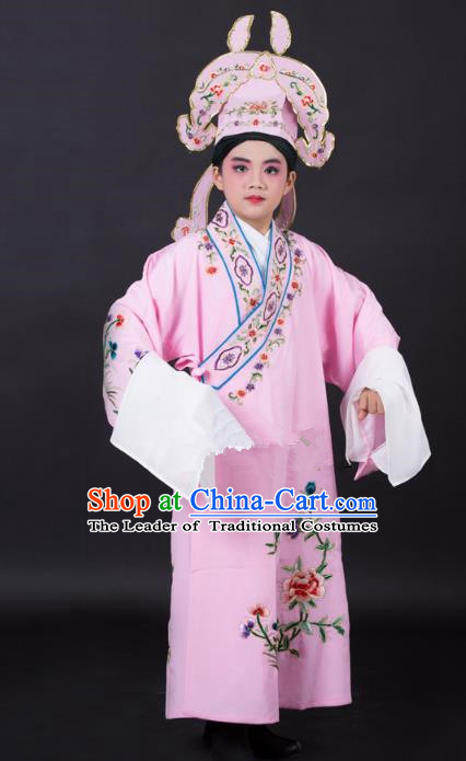 Top Grade Professional Beijing Opera Niche Costume Gifted Scholar Pink Embroidered Robe and Headwear, Traditional Ancient Chinese Peking Opera Embroidery Clothing for Kids