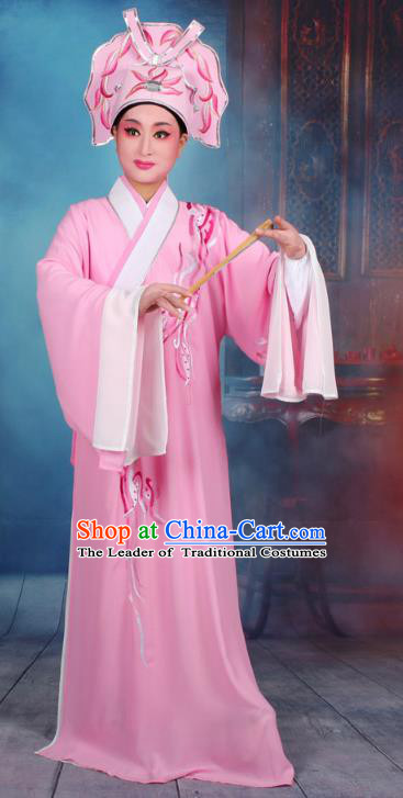 Top Grade Professional Beijing Opera Scholar Costume Niche Embroidered Pink Robe and Headwear, Traditional Ancient Chinese Peking Opera Butterfly Lovers Embroidery Clothing