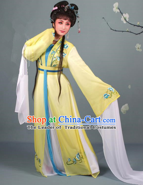 Top Grade Professional Beijing Opera Diva Costume Hua Tan Water Sleeve Embroidered Yellow Dress, Traditional Ancient Chinese Peking Opera Princess Embroidery Clothing