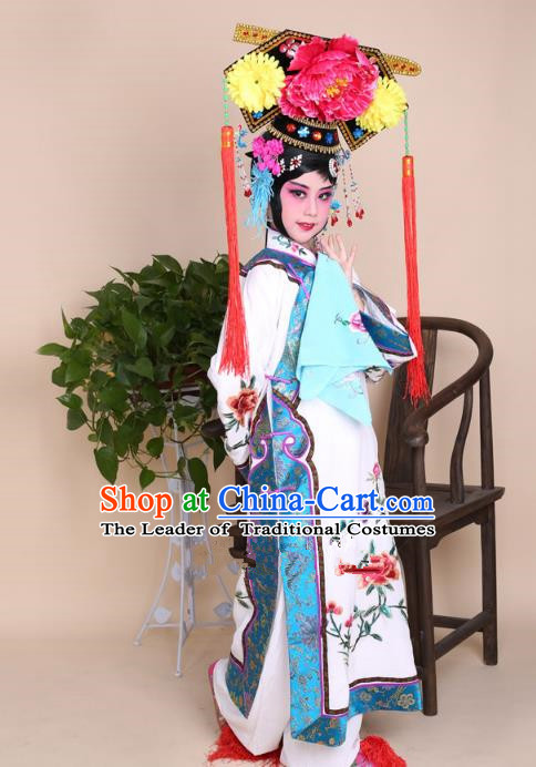 Top Grade Professional China Beijing Opera Costume Manchu Embroidered White Dress and Headwear, Ancient Chinese Peking Opera Qing Dynasty Diva Hua Tan Embroidery Clothing for Kids