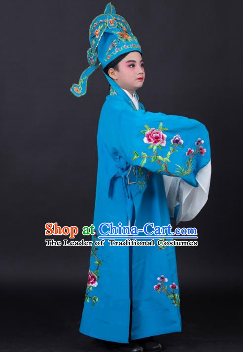 Top Grade Professional Beijing Opera Niche Costume Gifted Scholar Blue Embroidered Robe and Headwear, Traditional Ancient Chinese Peking Opera Embroidery Clothing for Kids