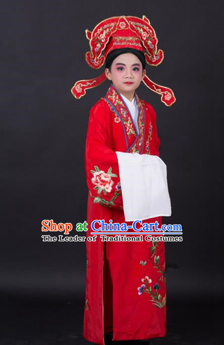 Top Grade Professional Beijing Opera Niche Costume Gifted Scholar Red Embroidered Robe and Headwear, Traditional Ancient Chinese Peking Opera Embroidery Clothing for Kids