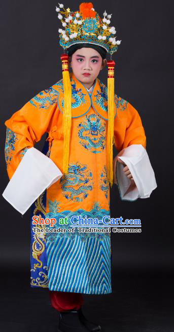 Traditional China Beijing Opera Costume Emperor Embroidered Yellow Robe and Headwear, Ancient Chinese Peking Opera Embroidery Dragon Gwanbok Clothing for Kids