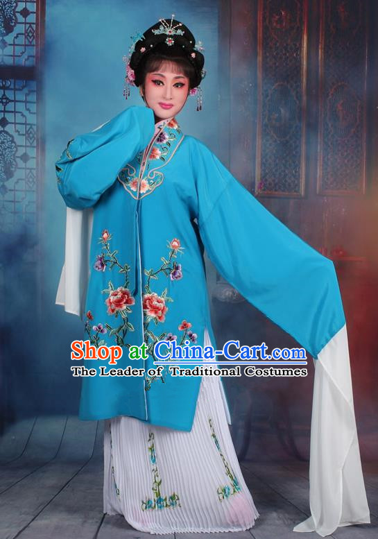 Top Grade Professional Beijing Opera Palace Lady Costume Hua Tan Blue Embroidered Cape Dress, Traditional Ancient Chinese Peking Opera Diva Embroidery Clothing