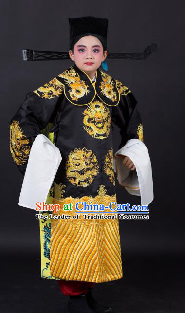 Traditional China Beijing Opera Costume Prime Minister Embroidered Robe and Headwear, Ancient Chinese Peking Opera Bao Zheng Embroidery Dragon Gwanbok Clothing for Kids