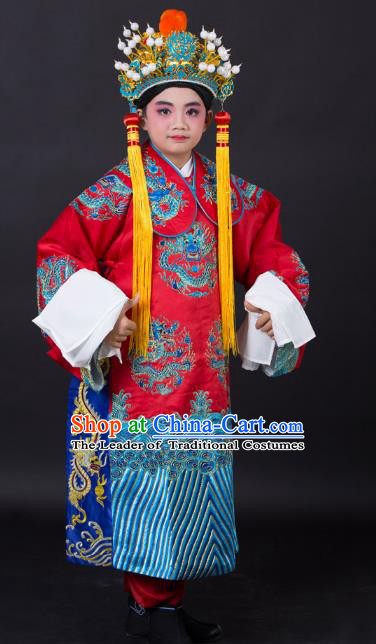 Traditional China Beijing Opera Costume Emperor Embroidered Robe and Headwear, Ancient Chinese Peking Opera Embroidery Dragon Gwanbok Clothing for Kids