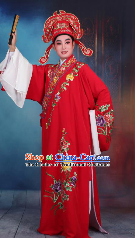 Top Grade Professional Beijing Opera Niche Costume Gifted Scholar Red Embroidered Robe, Traditional Ancient Chinese Peking Opera Embroidery Clothing