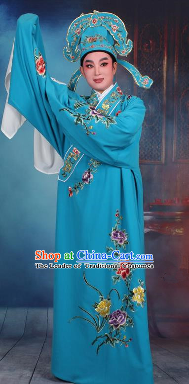 Top Grade Professional Beijing Opera Niche Costume Gifted Scholar Blue Embroidered Robe, Traditional Ancient Chinese Peking Opera Embroidery Clothing