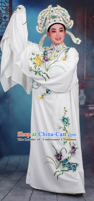 Top Grade Professional Beijing Opera Niche Costume Gifted Scholar White Embroidered Robe, Traditional Ancient Chinese Peking Opera Embroidery Clothing