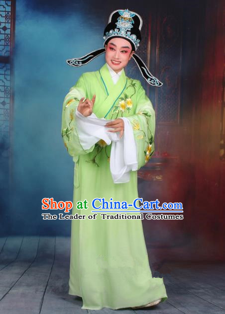 Top Grade Professional Beijing Opera Gifted Scholar Costume Niche Embroidered Green Robe and Headwear, Traditional Ancient Chinese Peking Opera Embroidery Clothing