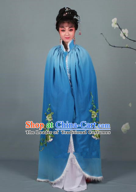 Top Grade Professional Beijing Opera Diva Costume Blue Embroidered Cloak, Traditional Ancient Chinese Peking Opera Hua Tan Princess Embroidery Mantle