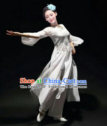 Traditional Chinese Classical Dance Fan Dance Costume, Folk Dance Umbrella Dance White Uniform Clothing for Women