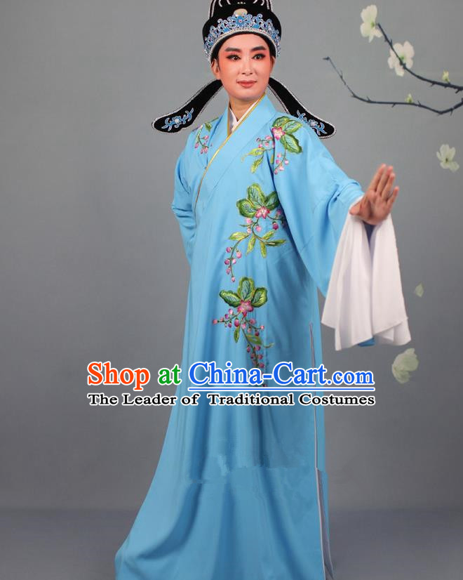 Top Grade Professional Beijing Opera Niche Costume Gifted Scholar Blue Embroidered Robe and Headwear, Traditional Ancient Chinese Peking Opera Embroidery Peach Blossom Clothing