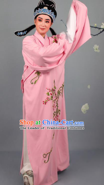 Top Grade Professional Beijing Opera Niche Costume Gifted Scholar Pink Embroidered Robe and Headwear, Traditional Ancient Chinese Peking Opera Embroidery Roses Clothing