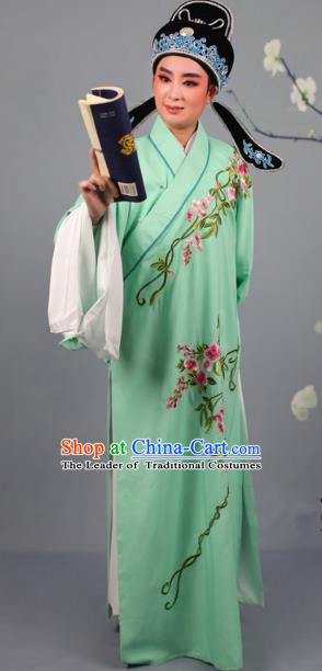 Top Grade Professional Beijing Opera Niche Costume Gifted Scholar Green Embroidered Robe and Headwear, Traditional Ancient Chinese Peking Opera Embroidery Roses Clothing