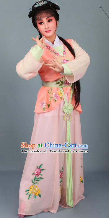 Top Grade Professional Beijing Opera Young Lady Costume Orange Embroidered Dress, Traditional Ancient Chinese Peking Opera Maidservants Embroidery Clothing