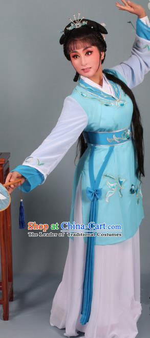 Top Grade Professional Beijing Opera Young Lady Costume Blue Hua Tan Embroidered Dress, Traditional Ancient Chinese Peking Opera Maidservants Embroidery Clothing