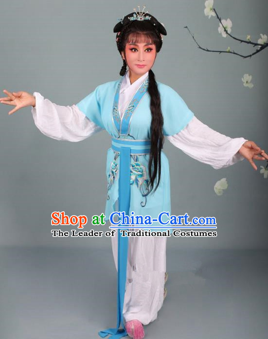Top Grade Professional Beijing Opera Young Lady Costume Handmaiden Blue Embroidered Suit, Traditional Ancient Chinese Peking Opera Maidservants Embroidery Clothing