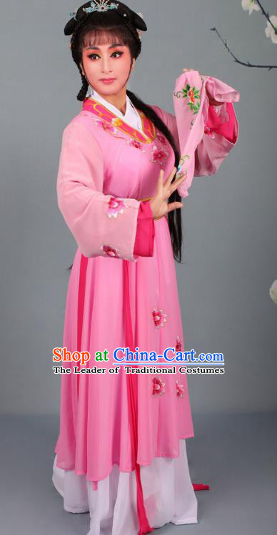 Top Grade Professional Beijing Opera Young Lady Diva Costume Handmaiden Pink Embroidered Dress, Traditional Ancient Chinese Peking Opera Maidservants Embroidery Clothing