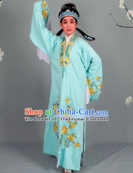 Top Grade Professional Beijing Opera Niche Costume Scholar Green Embroidered Robe and Shoes, Traditional Ancient Chinese Peking Opera Young Men Embroidery Peony Cape Clothing