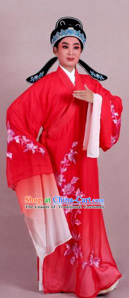 Top Grade Professional Beijing Opera Niche Costume Scholar Red Double-deck Embroidered Robe and Hat, Traditional Ancient Chinese Peking Opera Young Men Embroidery Clothing