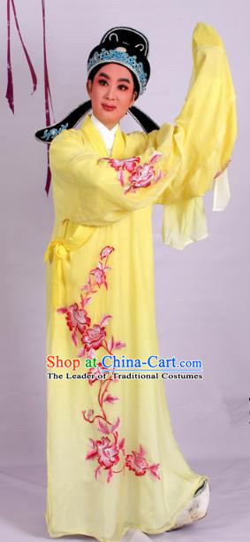Top Grade Professional Beijing Opera Niche Costume Scholar Yellow Double-deck Embroidered Robe and Hat, Traditional Ancient Chinese Peking Opera Young Men Embroidery Clothing