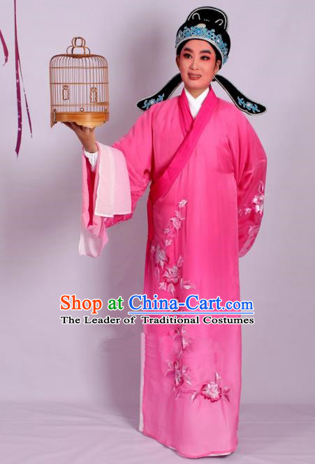 Top Grade Professional Beijing Opera Niche Costume Scholar Pink Double-deck Embroidered Robe and Hat, Traditional Ancient Chinese Peking Opera Young Men Embroidery Clothing
