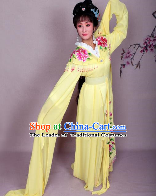 Top Grade Professional Beijing Opera Hua Tan Costume Palace Lady Yellow Embroidered Peony Dress, Traditional Ancient Chinese Peking Opera Diva Princess Embroidery Clothing