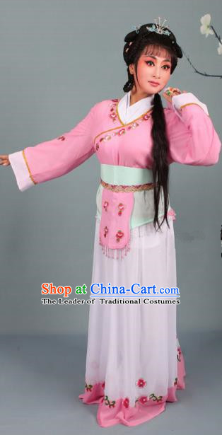 Top Grade Professional Beijing Opera Young Lady Costume Handmaiden Pink Embroidered Dress, Traditional Ancient Chinese Peking Opera Maidservants Embroidery Clothing