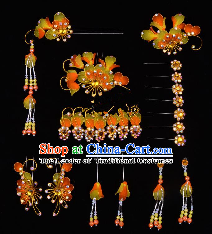 Top Grade Professional Beijing Opera Diva Orange Hair Accessories Complete Set, Traditional Ancient Chinese Peking Opera Tassel Step Shake Hua Tan Hairpins Headwear