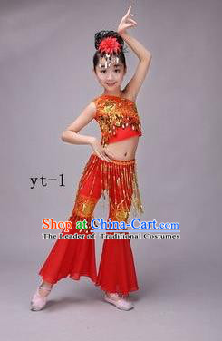 Traditional Chinese Dai Nationality Peacock Dance Costume, Children Folk Dance Ethnic Costume, Chinese Minority Nationality Dance Red Dress for Kids