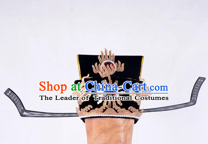 Top Grade Professional Beijing Opera Niche Costume Prime Minister Official Hat Headwear, Traditional Ancient Chinese Peking Opera Young Men Headpiece Black Gauze Cap