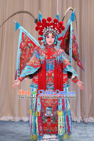 Traditional China Beijing Opera Female General Costume and Headwear Complete Set, Ancient Chinese Peking Opera Swordplay Military Officer Embroidery Red Clothing