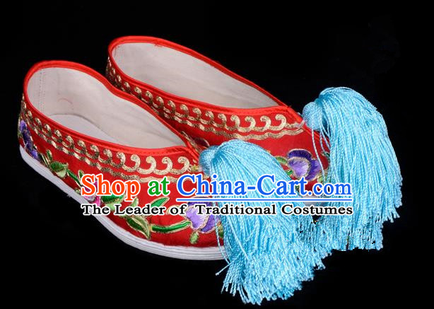 Top Grade Professional Beijing Opera Hua Tan Embroidered Red Cloth Shoes, Traditional Ancient Chinese Peking Opera Diva Princess Blood Stained Shoes