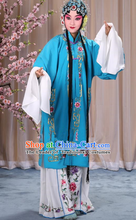Top Grade Professional Beijing Opera Diva Costume Palace Lady Blue Embroidered Cape, Traditional Ancient Chinese Peking Opera Princess Embroidery Dress Clothing